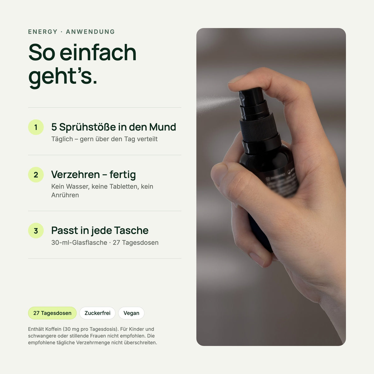 ENERGY Koffein Mundspray: Anwendung in 3 Schritten – Sprühstöße direkt in den Mund