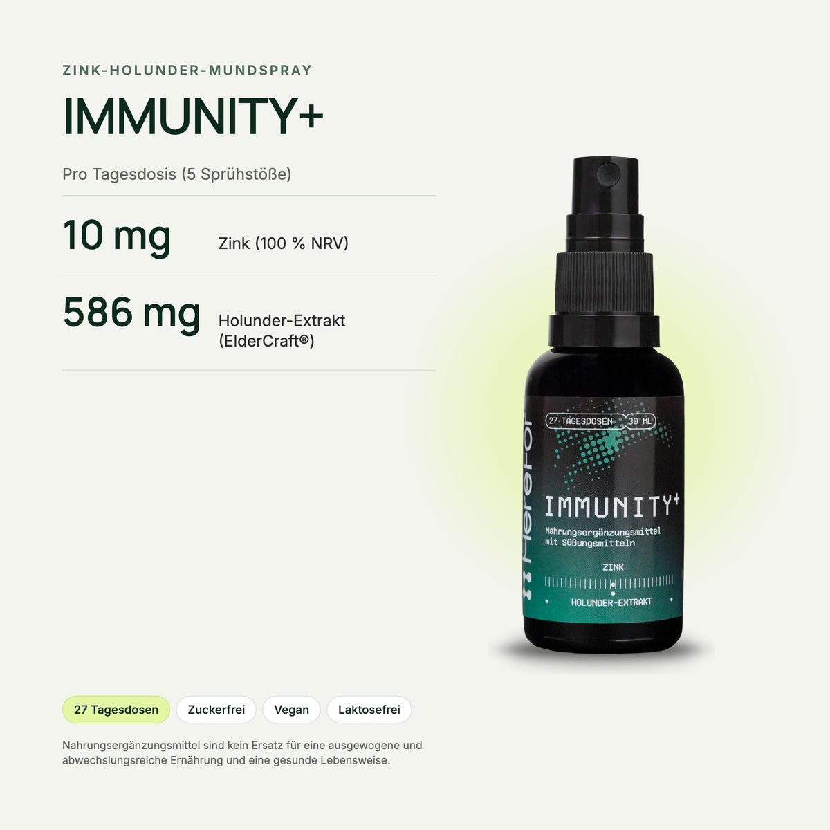 IMMUNITY+ Zink & Holunder Mundspray: Inhaltsstoffe pro Tagesdosis auf einen Blick