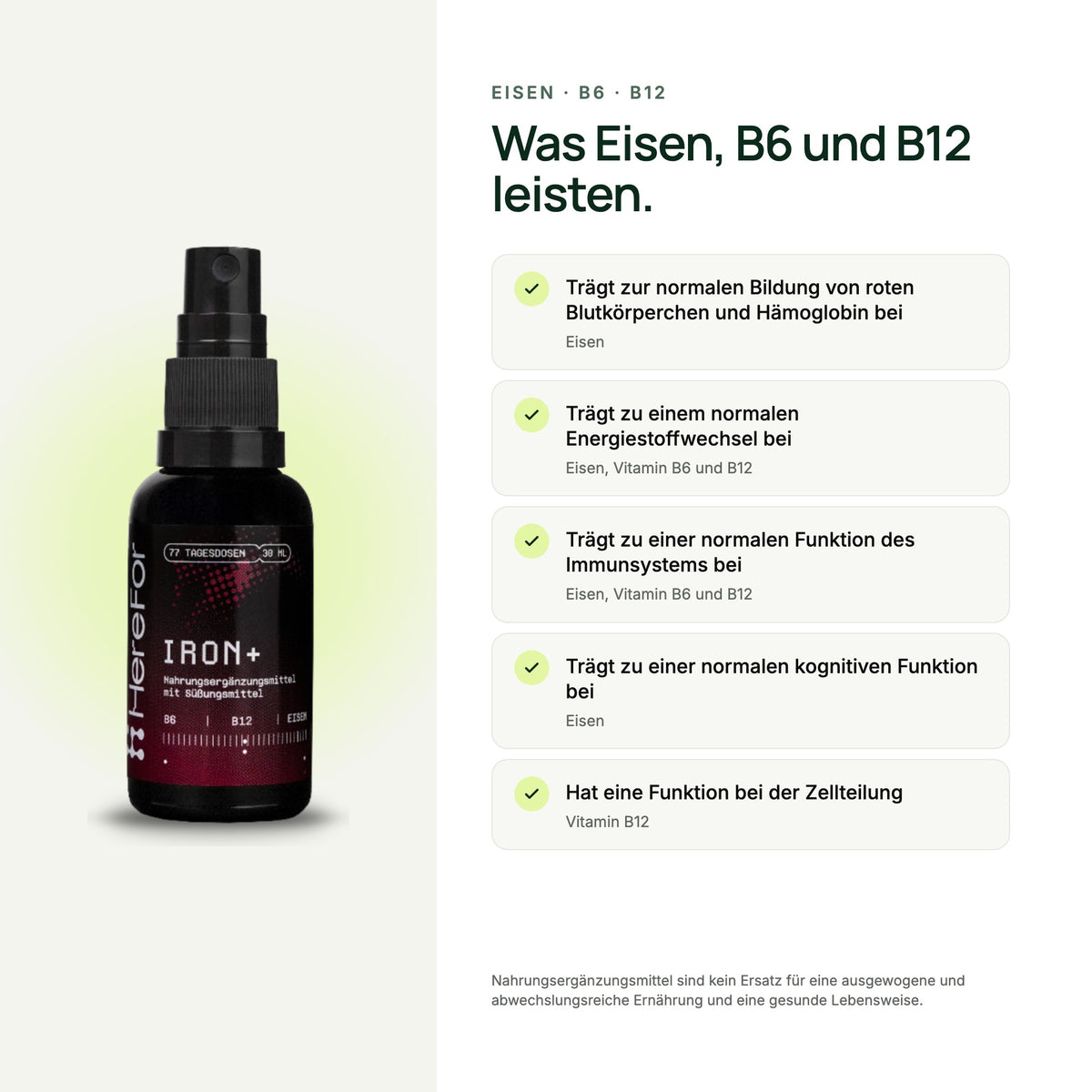 IRON+ Eisen Mundspray: zugelassene Aussagen zu den enthaltenen Nährstoffen