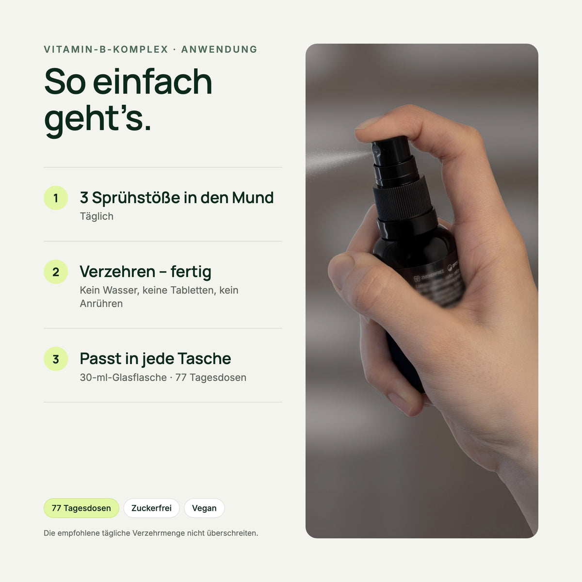 VITAMIN-B-KOMPLEX Mundspray: Anwendung in 3 Schritten – Sprühstöße direkt in den Mund